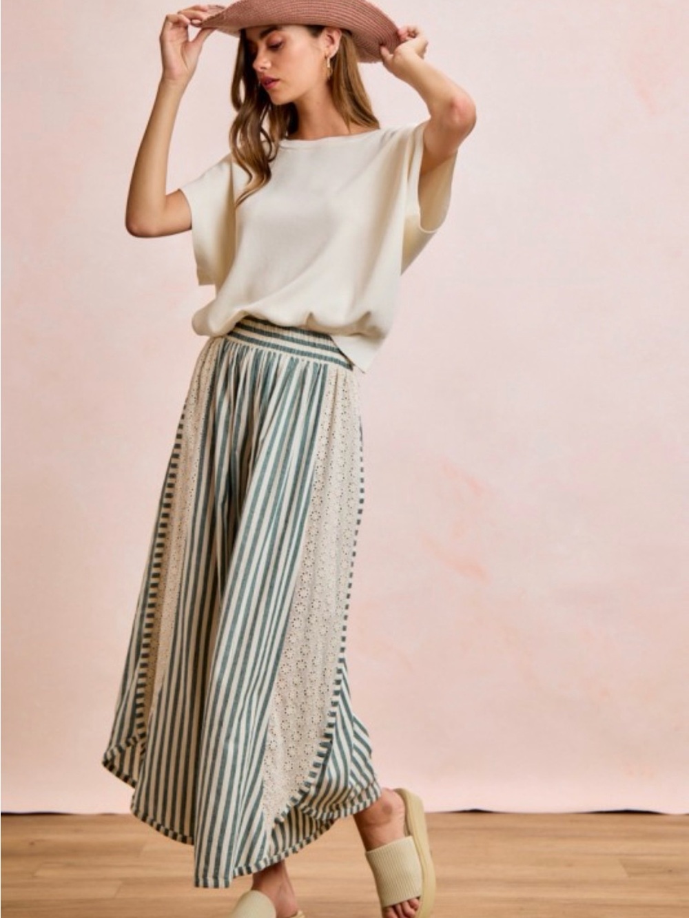 BiBi Cream & Sage striped palazzo Pants with side lace detail - Picture 5 of 5